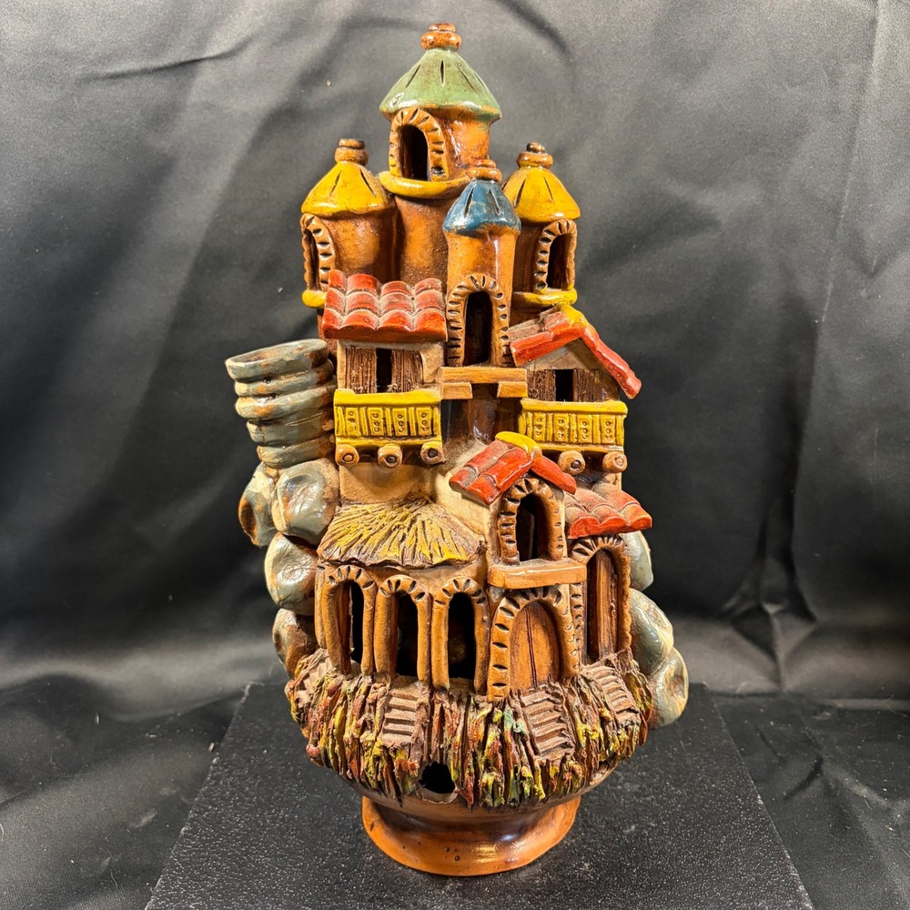 Vintage Hand Painted Ceramic Castle Luminary Studio Pottery Folk Art Figurine